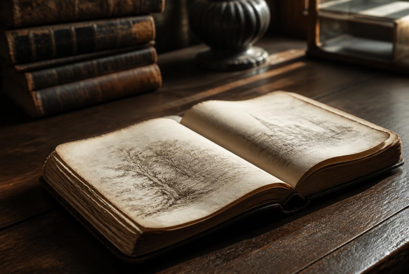 Livro antigo aberto sobre escrivaninha de madeira